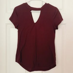 BURGUNDY TOP WITH CUT OUT ON NECKLINE